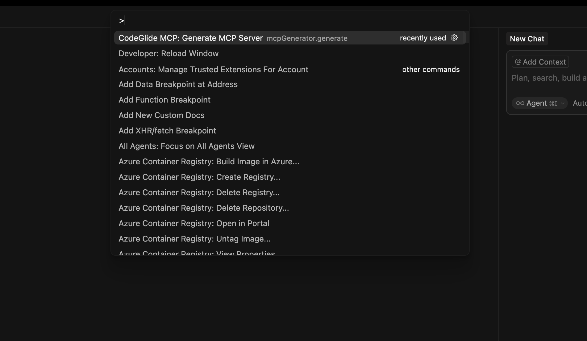 Command Palette showing CodeGlide MCP Generator command