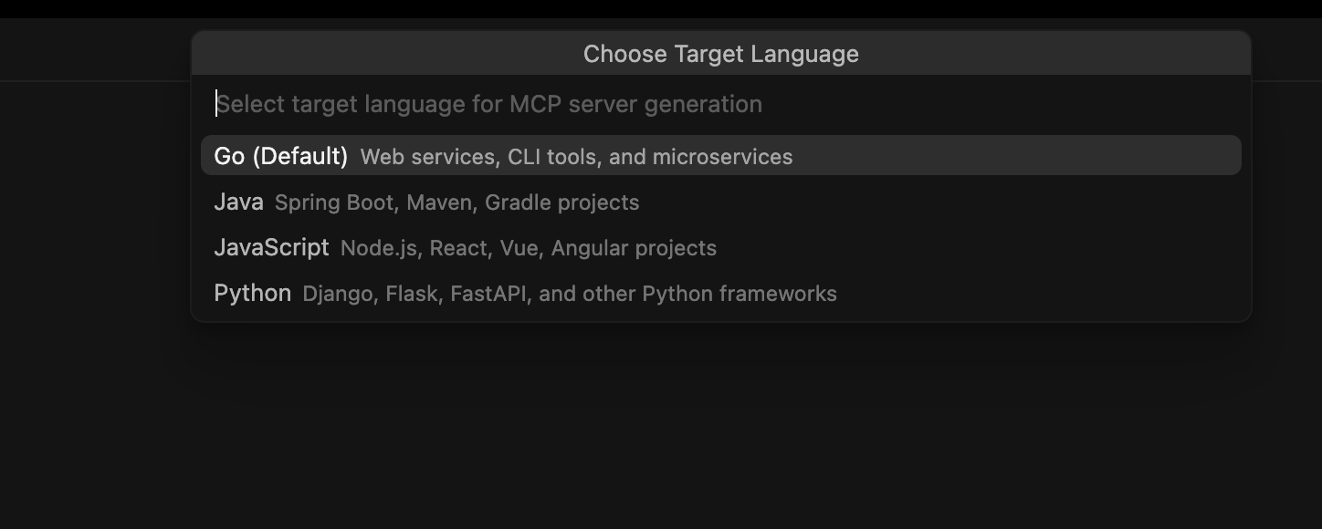 Language selection dialog showing available programming languages